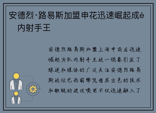 安德烈·路易斯加盟申花迅速崛起成队内射手王 安德烈·路易斯加盟申花迅速崛起成队内射手王
