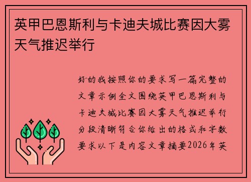 英甲巴恩斯利与卡迪夫城比赛因大雾天气推迟举行 英甲巴恩斯利与卡迪夫城比赛因大雾天气推迟举行